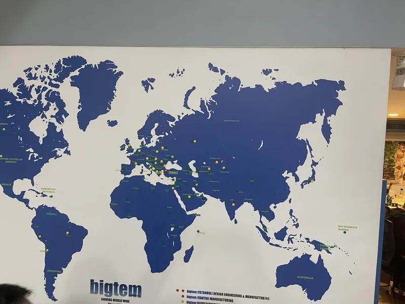 Bigtem world map at the Istanbul headquarters marking design, engineering and manufacturing in Istanbul and manufacturing in Xanthi