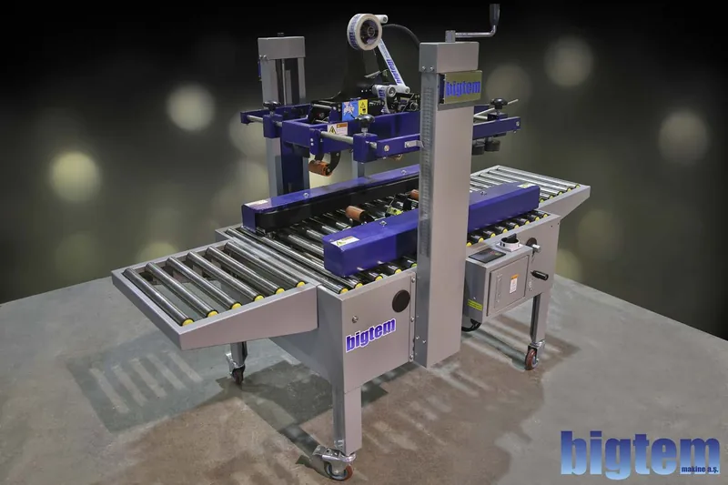 Bigtem carton tape sealer with roller conveyors and adjustable top tape head
