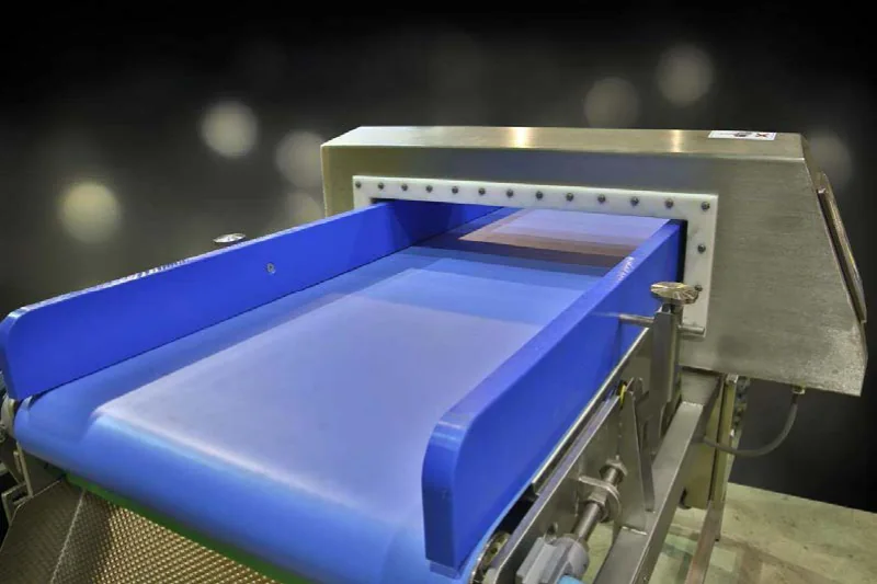 Conveyor metal detector aperture on a Bigtem blue modular belt conveyor with side guides