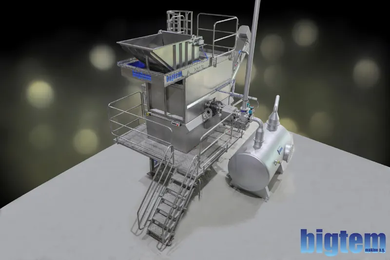 Bigtem steam peeler module with platform, feed hopper and steam exhaust