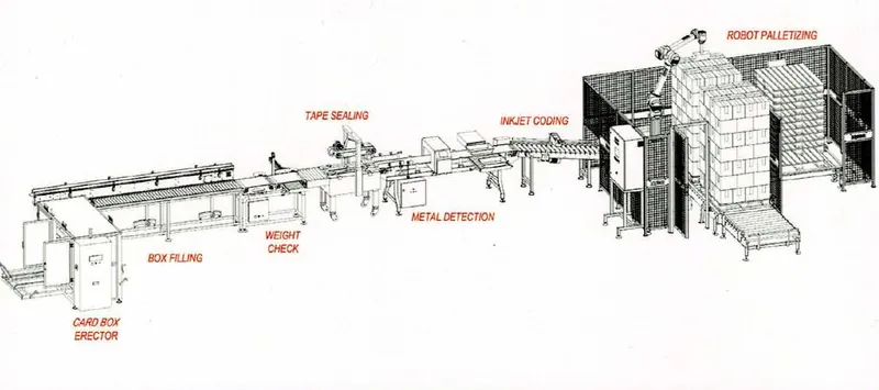Drawing of a French fry end-of-line: box erecting, filling, weight check, sealing, metal detection, coding and robot palletizing