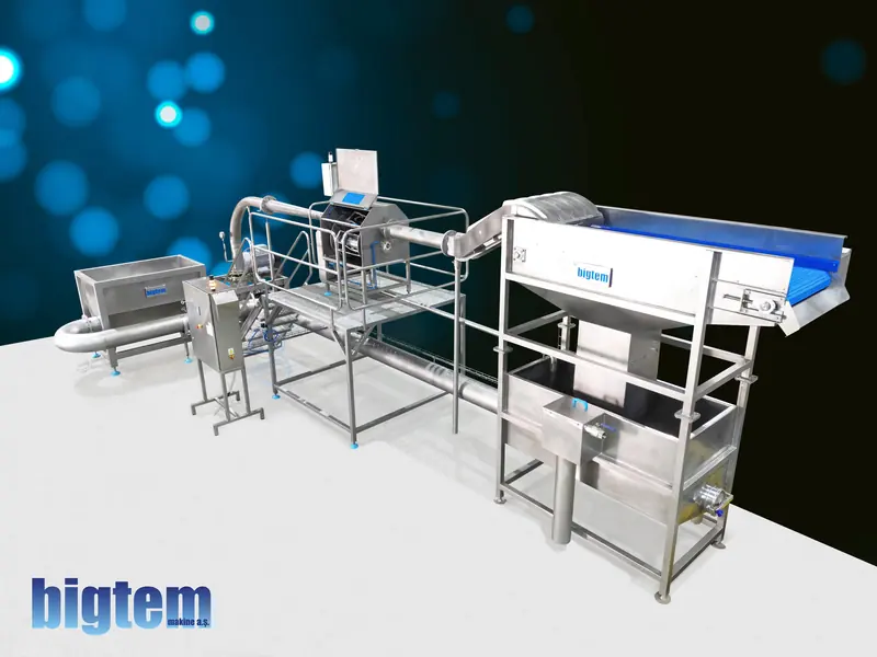 Bigtem hydro cutting system with feed tank, cutting station and discharge conveyor