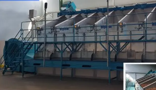 Walnut and almond hulling and drying line with bins and platforms