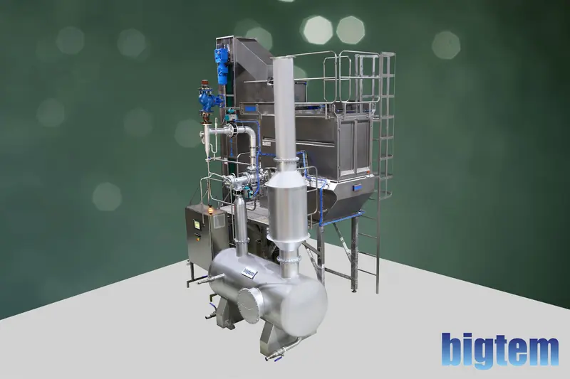 Bigtem steam peeling system with platform, vessel and steam separator
